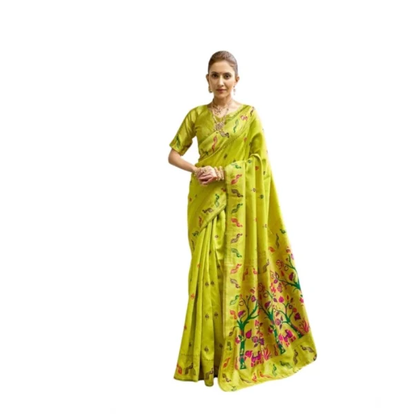 Lime Green Silk Blend Woven Saree for Women