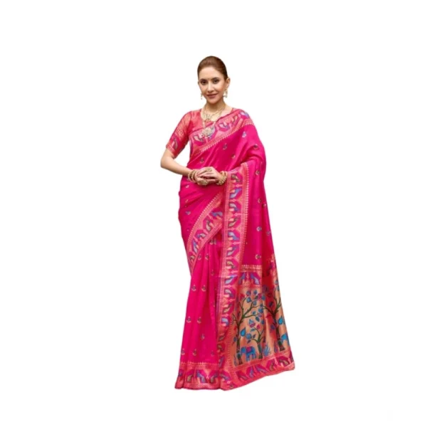 Pink Silk Blend Woven Saree for Women