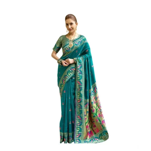 Teal Silk Blend Woven Saree for Women