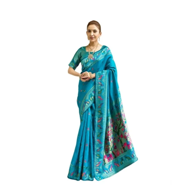Turquoise Silk Blend Woven Saree for Women