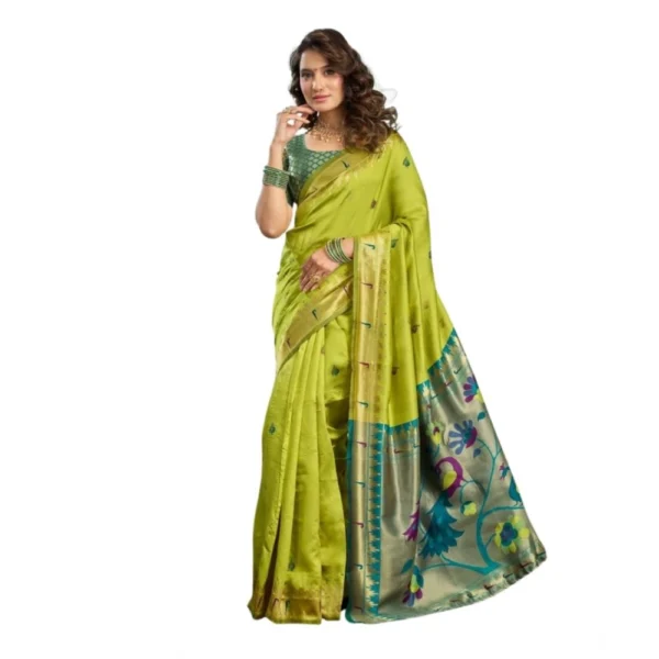 Vibrant Lime Silk Blend Woven Saree with Unstitched Blouse