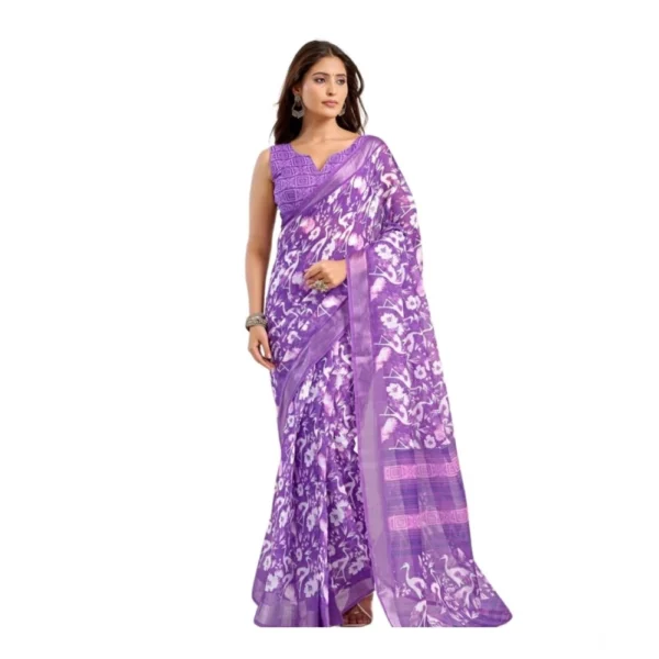 Purple Linen Cotton Printed Ready to Wear Saree