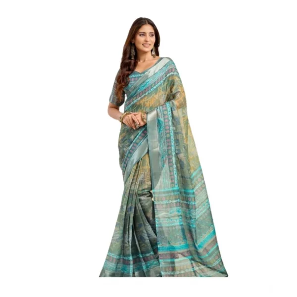 Light Green Linen Cotton Printed Ready to Wear Saree