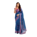 Blue Linen Cotton Printed Saree for Women