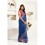 Generic Women's Linen Cotton Printed Ready To Wear Saree With Unstitched Blouse 5.5 Mtr (Blue) - Image 3