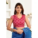 Generic Women's Linen Cotton Printed Ready To Wear Saree With Unstitched Blouse 5.5 Mtr (Blue) - Image 2