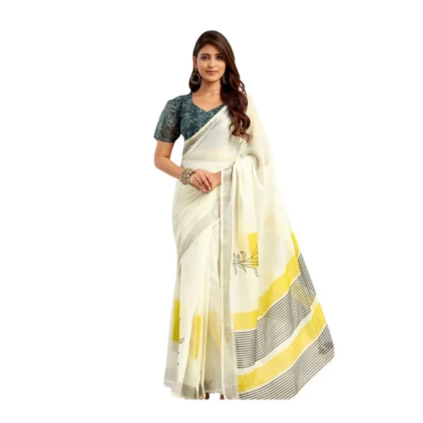 Off-White Linen Cotton Printed Saree for Women