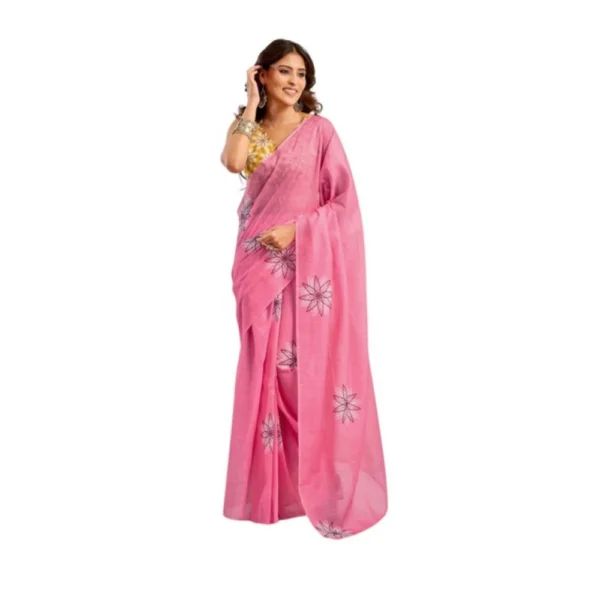 Pink Linen Cotton Printed Ready to Wear Saree