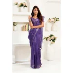 Generic Women's Linen Cotton Printed Ready To Wear Saree With Unstitched Blouse 5.5 Mtr (Purple) - Image 3