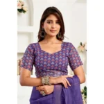 Generic Women's Linen Cotton Printed Ready To Wear Saree With Unstitched Blouse 5.5 Mtr (Purple) - Image 2