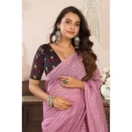 Generic Women's Linen Cotton Printed Ready To Wear Saree With Unstitched Blouse 5.5 Mtr (Light_Pink) - Image 2