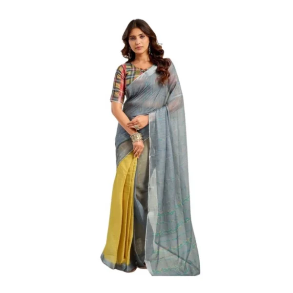 Grey Linen Cotton Printed Ready to Wear Saree