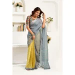 Generic Women's Linen Cotton Printed Ready To Wear Saree With Unstitched Blouse 5.5 Mtr (Grey) - Image 3