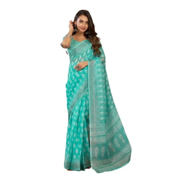 Sea Green Linen Cotton Printed Ready to Wear Saree