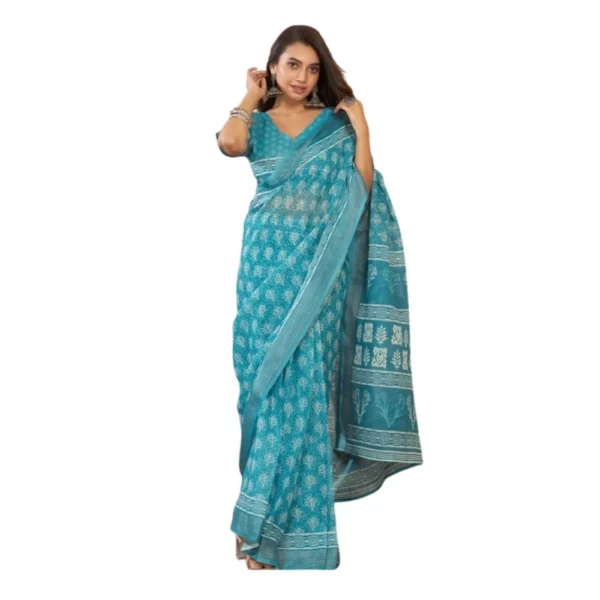 Aqua Blue Linen Cotton Printed Ready to Wear Saree
