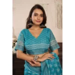 Generic Women's Linen Cotton Printed Ready To Wear Saree With Unstitched Blouse 5.5 Mtr (Aqua_Blue) - Image 2