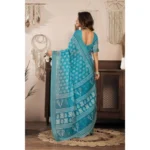 Generic Women's Linen Cotton Printed Ready To Wear Saree With Unstitched Blouse 5.5 Mtr (Aqua_Blue) - Image 4