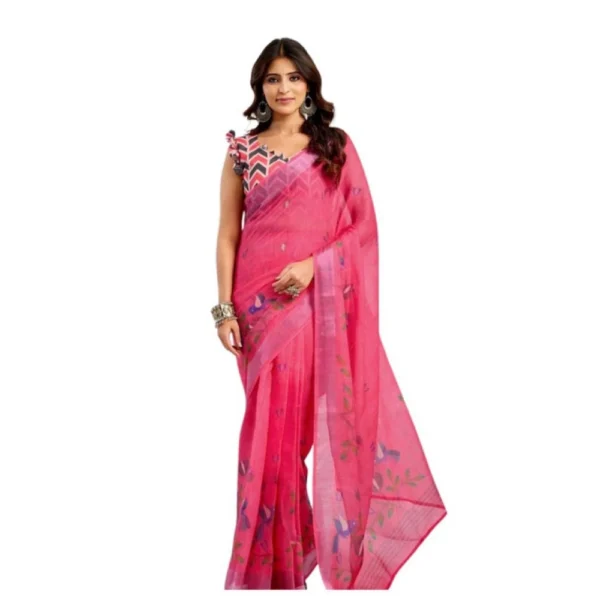 Pink Linen Cotton Printed Saree for Women