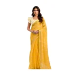 Yellow Linen Cotton Printed Saree for Women