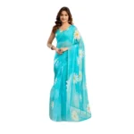 Aqua Blue Linen Cotton Printed Saree for Women