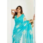 Generic Women's Linen Cotton Printed Ready To Wear Saree With Unstitched Blouse 5.5 Mtr (Aqua_Blue) - Image 3
