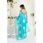 Generic Women's Linen Cotton Printed Ready To Wear Saree With Unstitched Blouse 5.5 Mtr (Aqua_Blue) - Image 4