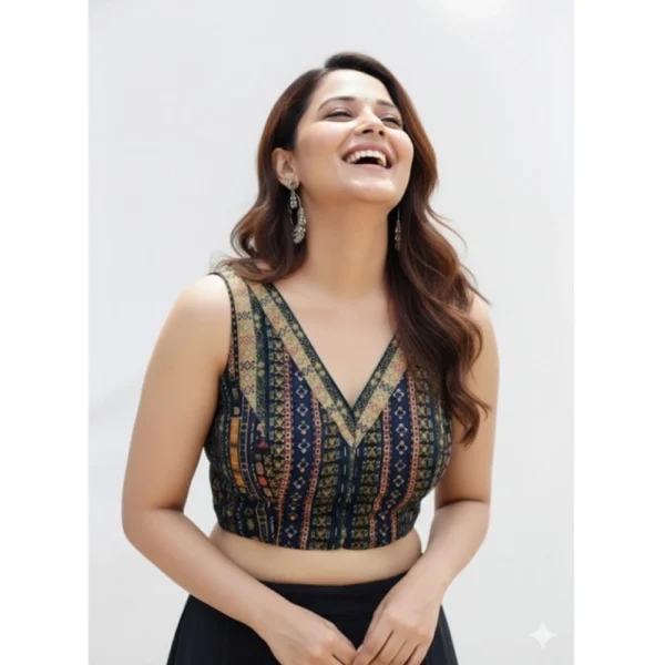 Navy Cambric Cotton Padded V-Neck Blouse