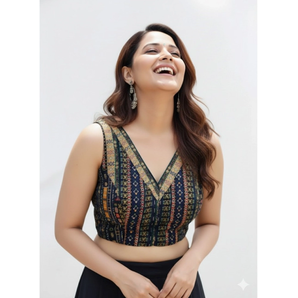 Navy Cambric Cotton Padded V-Neck Blouse