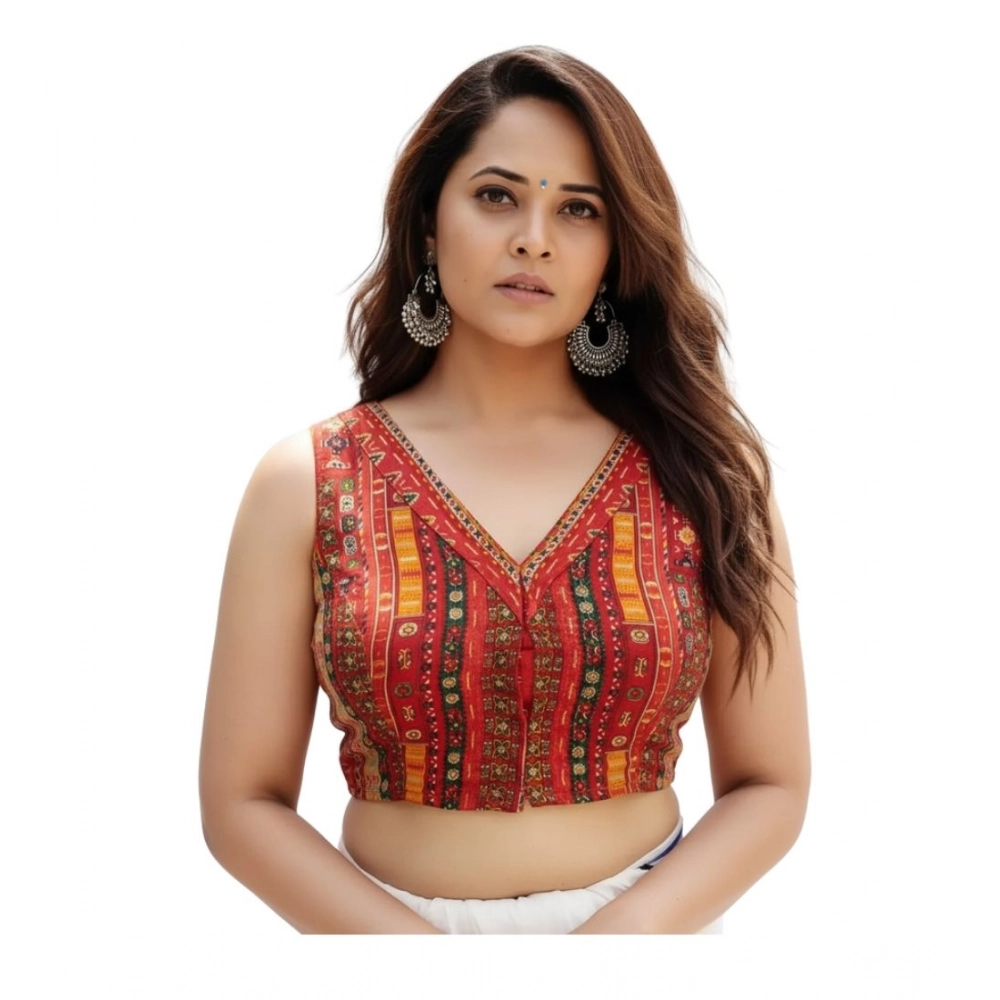 Red Cambric Cotton Padded V-Neck Blouse