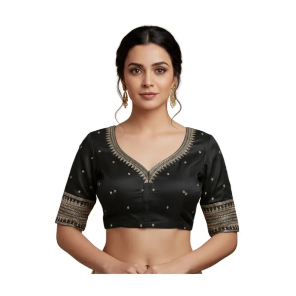 Black Vichitra Silk Padded Blouse with Lotus Embroidery