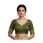 Green Vichitra Silk Padded Blouse with Lotus Embroidery