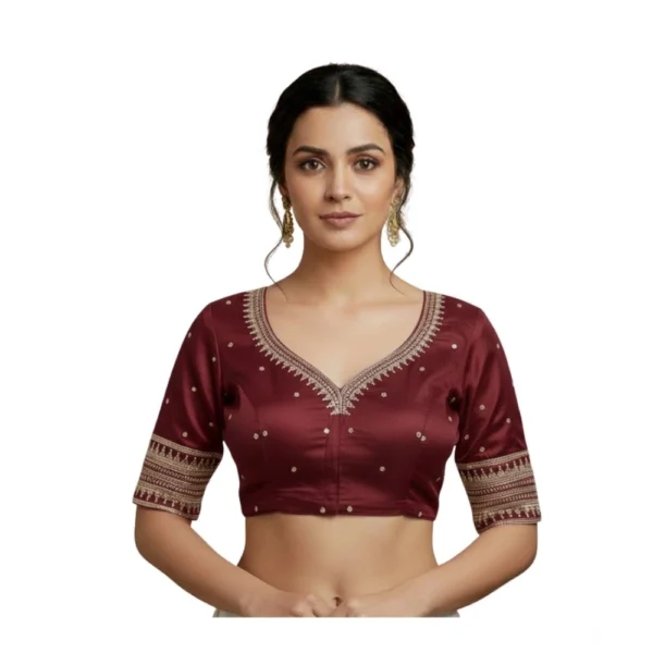 Maroon Vichitra Silk Padded Blouse with Lotus Embroidery
