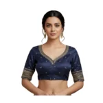Navy Vichitra Silk V Neck Padded Blouse with Embroidery