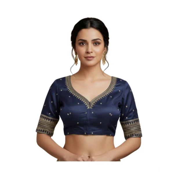 Navy Vichitra Silk V Neck Padded Blouse with Embroidery