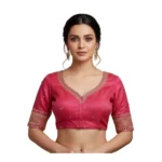 Pink Vichitra Silk V Neck Padded Blouse with Embroidery