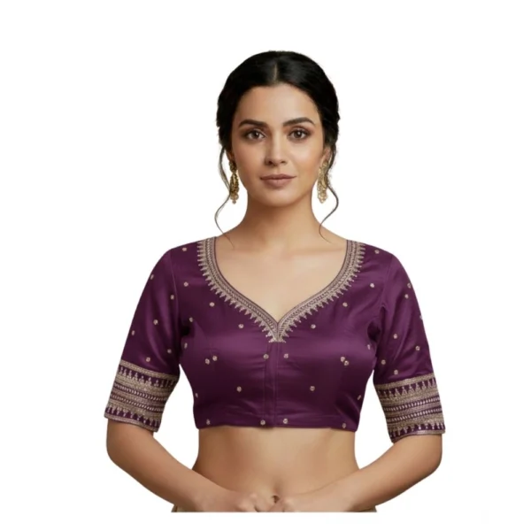Purple Vichitra Silk V Neck Padded Blouse with Embroidery