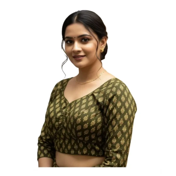 Olive Green Ajrakh Cotton Halter Neck Padded Blouse