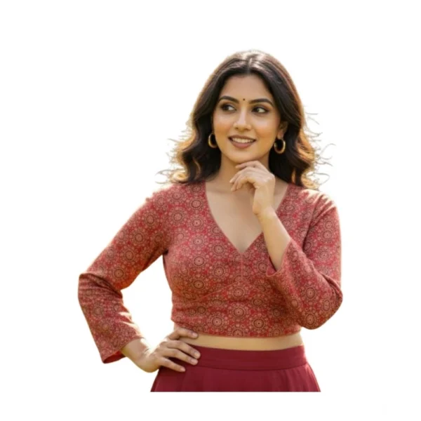 Red Ajrakh Cotton Halter Neck Padded Blouse for Women
