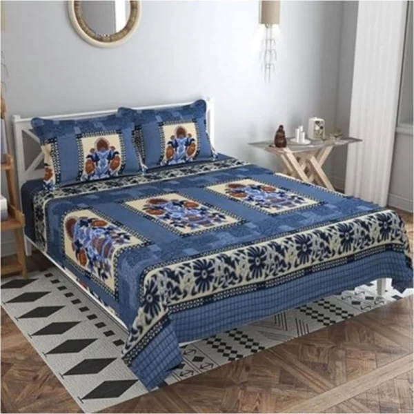 Blue Fleece Floral Printed Double Warm Bedsheet with Pillow Covers