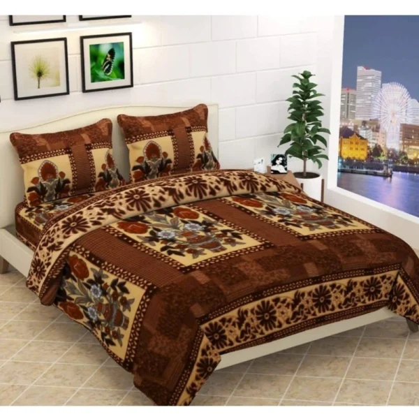 Brown Fleece Floral Printed Double Warm Bedsheet with Pillow Covers