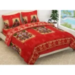 Red Fleece Floral Printed Double Warm Bedsheet with Pillow Covers
