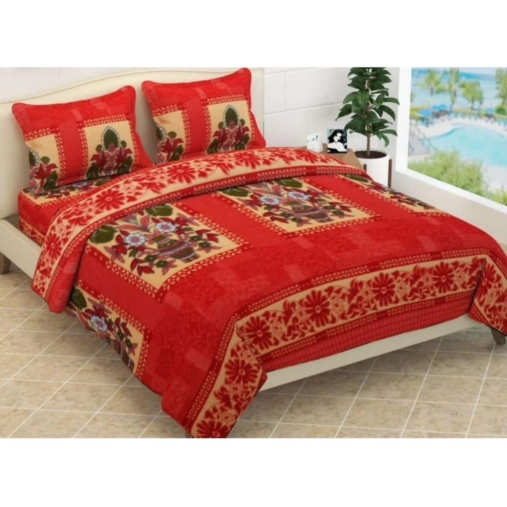 Red Fleece Floral Printed Double Warm Bedsheet with Pillow Covers