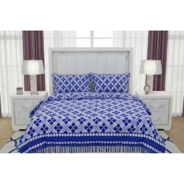 Blue Geometric Fleece Double Warm Bedsheet with Pillow Covers