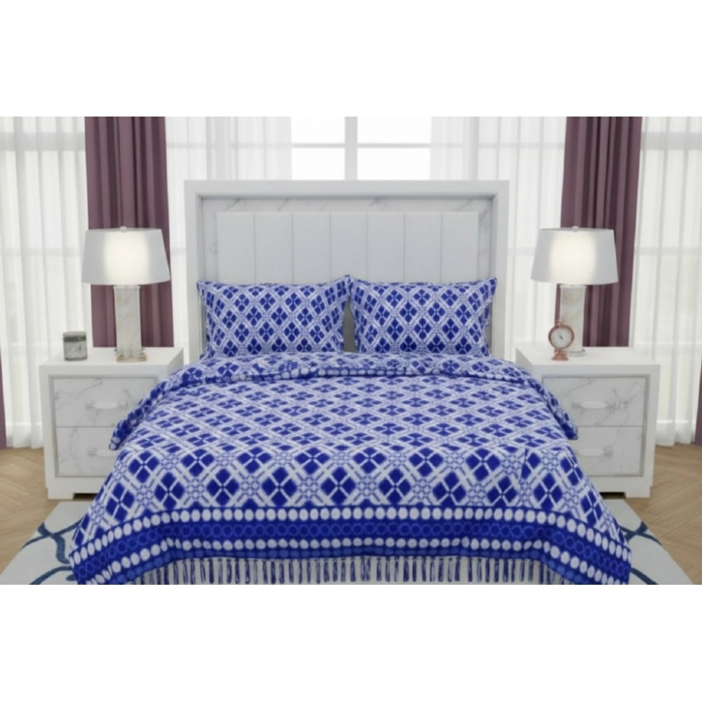 Blue Geometric Fleece Double Warm Bedsheet with Pillow Covers