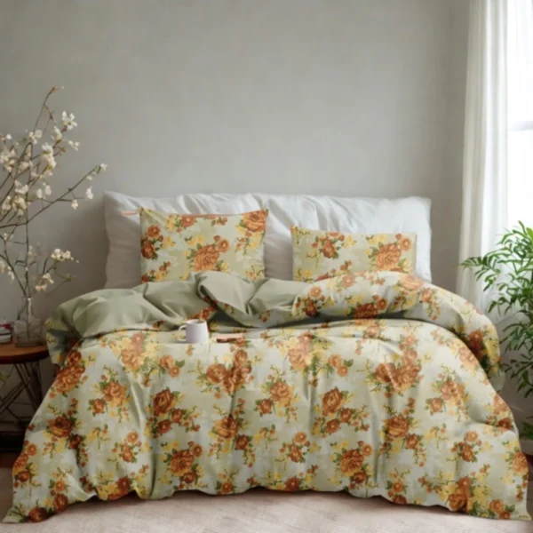 Generic beige microfiber floral printed double bedsheet with 2 pillow covers