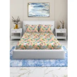 Generic yellow cotton blend floral printed double bedsheet with 2 pillow covers