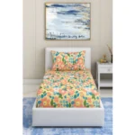 Generic yellow cotton blend floral printed single bedsheet with 1 pillow cover