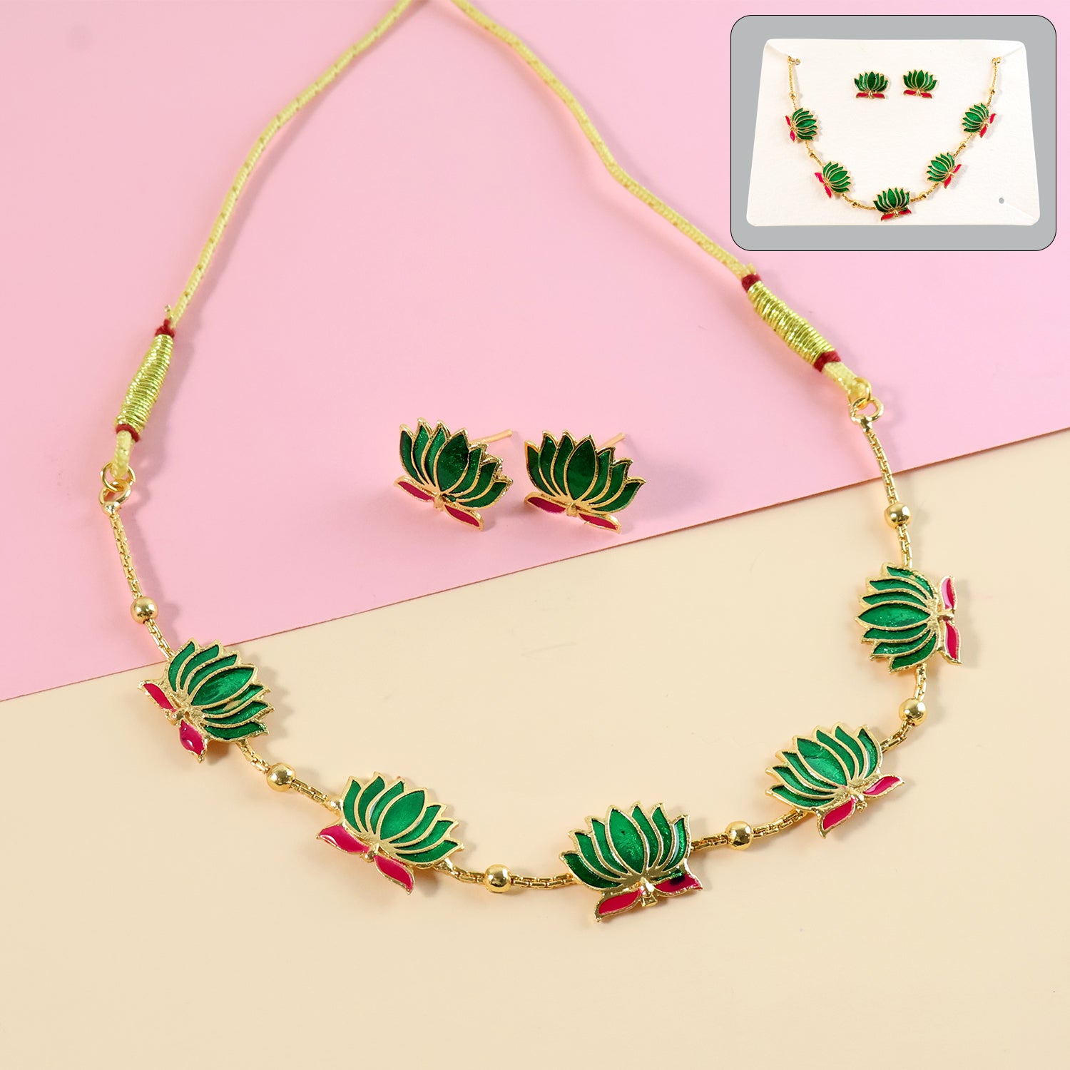 01_05bbb6ab-074b-4ab9-be8a-5245f3e43f42.jpg Traditional Green & Lotus Motif Jewellery Set - Image 1