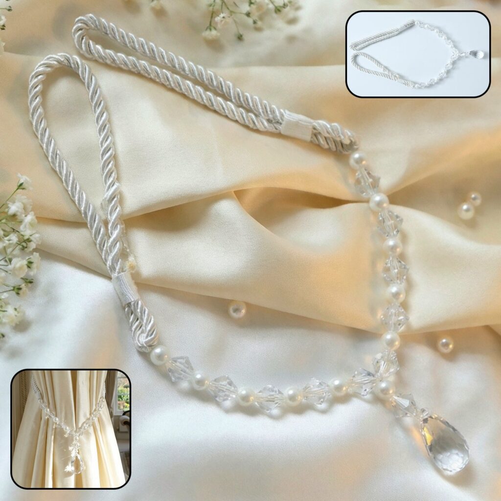 Luxury crystal and pearl beaded curtain tieback with twisted rope