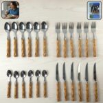 24 piece stainless steel cutlery set with wooden finish handles